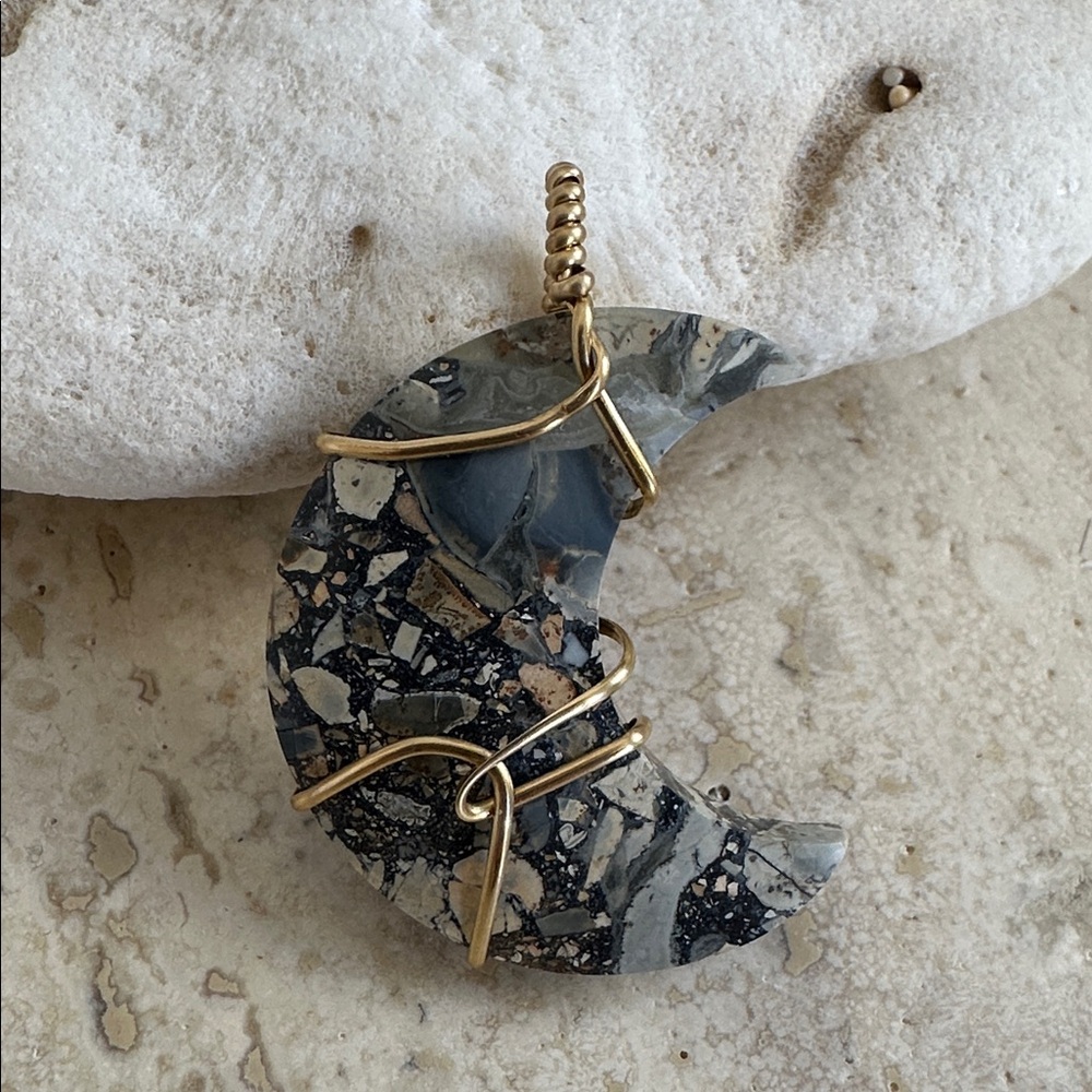 14k Gold Fill Maligano Crescent Moon Jasper Stone Necklace with Cord Chain